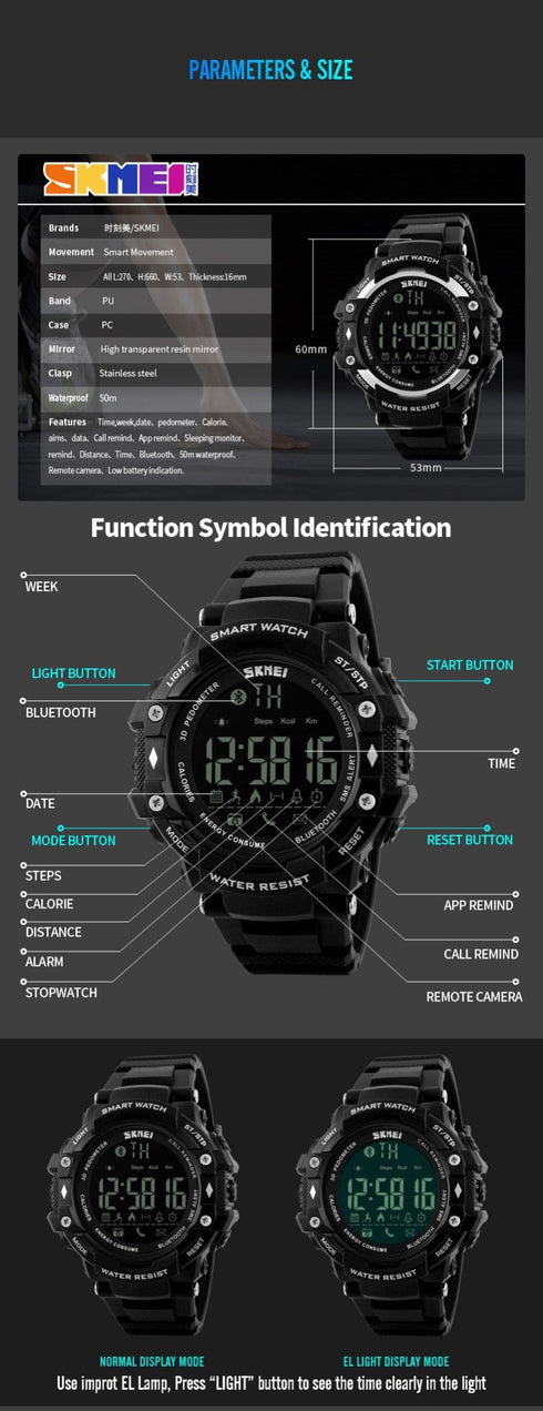 SKMEI 1226 Waterproof  Alarm Bluetooth Sports Watch